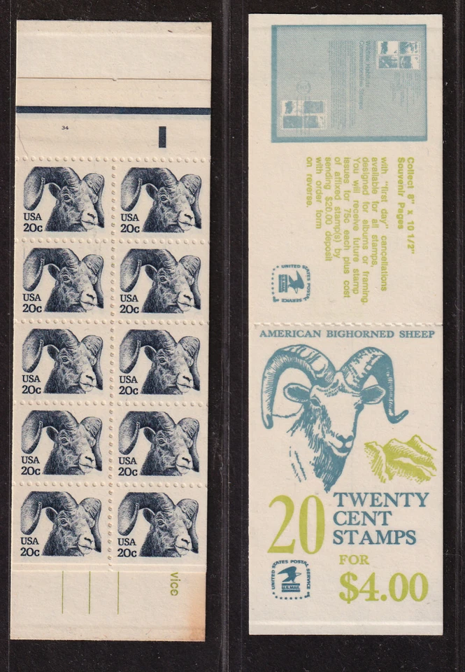 1982 Bighorn Sheep booklet Sc BK142a 20c Type II plate no. 34  Sc 1949d panes - Image 1 of 1