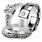His & Her 3pc Stainless Steel Bridal Engagement Ring Set & Zirconia Wedding Band