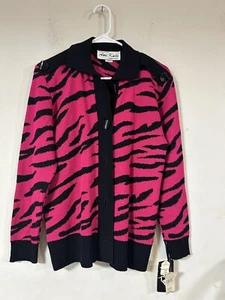 Maglione cardigan vintage Ami Knits taglia 12 zebrato con bottoni rosa/nero USA, nuovo con etichette** - Foto 1 di 5