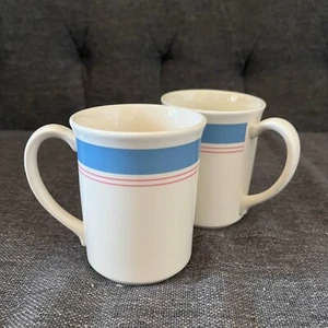 Corning Mugs Set of 2 Microwaveable Coffee Tea Cup Blue Stripe Kitchenware - Picture 1 of 5