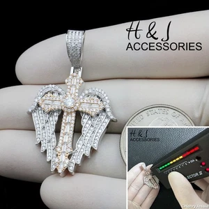 COLGANTE ALA ÁNGEL CRUZ 3D MOISSANITA HELADA PLATA ESTERLINA 925 SÓLIDA PARA HOMBRE*MP536 - Imagen 1 de 7