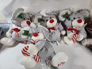 Four 1987 Fisher Price Puffalumps Gray Christmas Mice Plush w/ Candy Canes - Picture 1 of 16