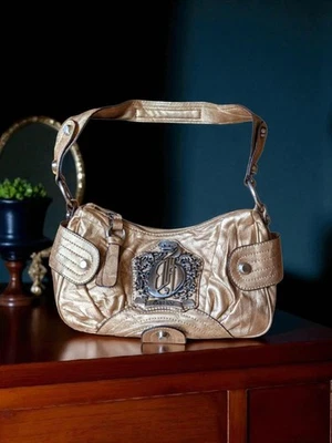 GUESS vintage old gold , large buckle emblem crinkle effect shoulder Bag - Image 1 of 4