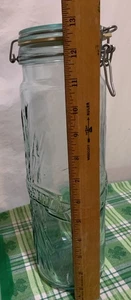 ❤️Vintage Embossed Green Glass Spaghetti Keep Jar 13" Tall Wire Bale Hinge Lid - Picture 1 of 11