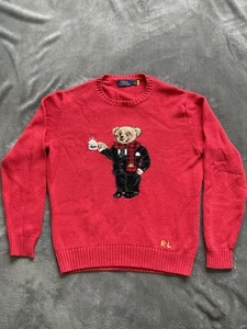 Polo Ralph Lauren Knit Sweater Coffee Bear Red  Men’s Size Large Cotton/Linen - Picture 1 of 10