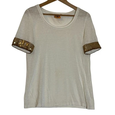 Camiseta de lino Tory Burch pequeña manga corta bronce/cobre adornos de lentejuelas Foto 1 de 4