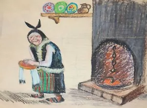 Naivist pastel painting fairy tale scene old woman with bread - Bild 1 von 12