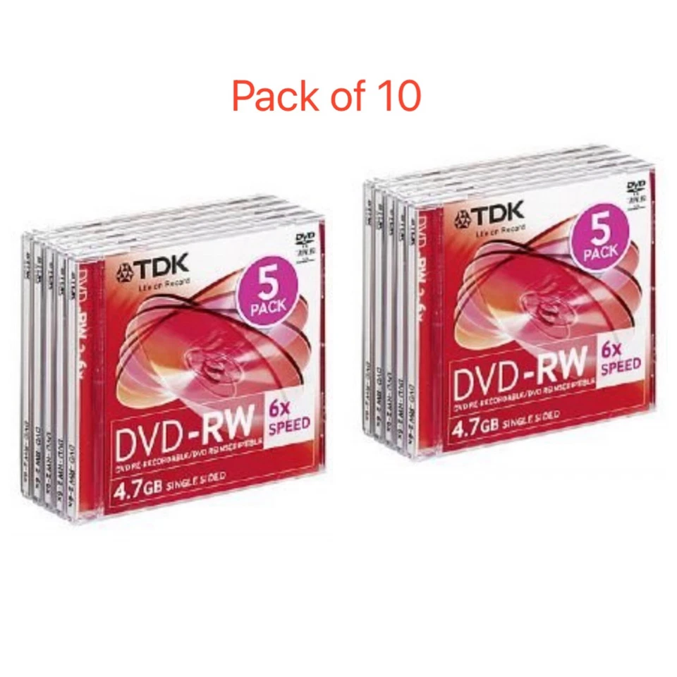 TDK Blank DVD-RW discs 2x - 6x 4.7GB 120 mins Rewritable Slim Case  Pack Of 10 - Image 1 of 1