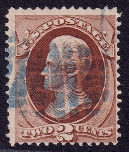 US Scott 146, 1870 Jackson, 2c red brown, FINE USED *Blue Cancel* - Picture 1 of 1