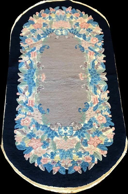 An Astonishing Antique 3' x 6' Oval  Black Border Art Deco Chinese Rug - Image 1 of 4