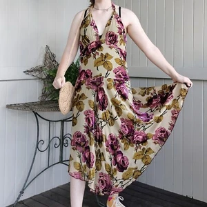 Vintage Gerry Shaw Dress Pink Silk Floral Y2K 2000s Halter Velvet Midi Size 14 - Picture 1 of 17