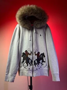 Rara Polo Ralph Lauren Western Zip Felpa con Cappuccio Ecopelliccia Cowboy Arte Stile Giapponese - Foto 1 di 11