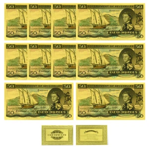 Seychelles 50 Rupees 10pcs Gold Foil Plastic Banknotes Art Crafts Collectibles - Picture 1 of 5