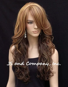 Human Hair Blend Full WIG HEAT OK WAVY Long WBCA Brown auburn blonde 8-12DS - Picture 1 of 6