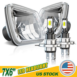 7X6 Stock Style Glass Lens Metal Headlight 6000k LED H4 Light bulb Headlamp pair