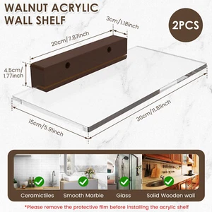 2 Pcs Floating Shelves Solid Wood Acrylic Wall Shelves Transparent Book-(C - Picture 1 of 11