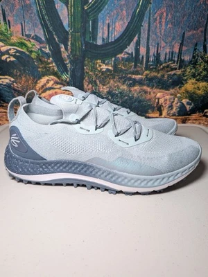 Under Armour 男式充电咖喱无钉高尔夫鞋 Harbor 蓝色灰色 11 码 — 第 1/4 张图片