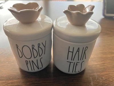 RAE DUNN HAIR TIES AND BOBBY PINS CERAMIC  SMALL  CANISTER  ROSE TOP LID 2PC - Image 1 of 4