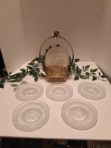 Vtg. Glass Coaster Set Of 10 Etched Design W Brass tone Holder Hollywood Regency - Picture 1 of 8