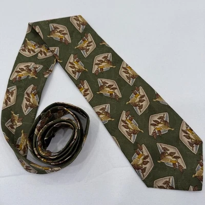 Burberrys of London 100% Silk Neck Tie Green Birds & Leaves Motif USA Made - Image 1 of 4
