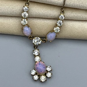 30er Jahre Art Deco rosa Opalglas Cabochon Strass Halsreif Halskette Vintage - Bild 1 von 7