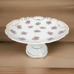Vintage 50er Kompott Schüssel Schale ~ Sockel ~ rosa Rosen Goldrand ~ überbacken ~ Japan ~ 4" x 7" - Bild 1 von 9