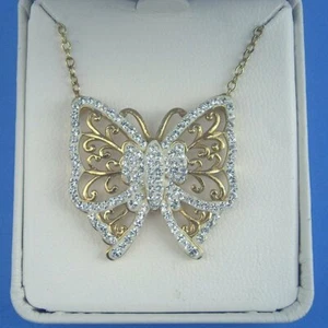 N275 Gold auf Sterlingsilber funkelnder Schmetterling Anhänger Halskette 16,6" massiv 925 - Bild 1 von 5