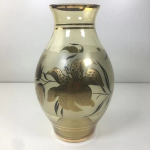 Vaso vintage in vetro bohémien vetro giallo oro 24k fiori dipinti a mano cechi anni '50 - Foto 1 di 12