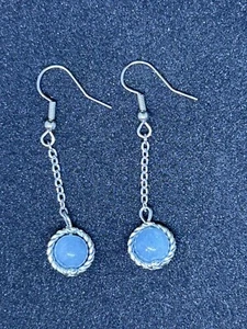 Aquamarine Bead Earrings Dangle Drop Statement Stainless Steel Chain Handmade - Picture 1 of 5