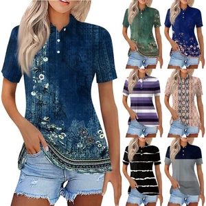 Women's Fashion Casual Lapel Short Sleeve Line Print Shirt Women's Button Up - Picture 1 of 33