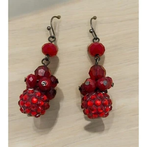 Vintage Red Beaded Ball Dangle Earrings Drop Rhinestones Faceted Beads - Bild 1 von 6