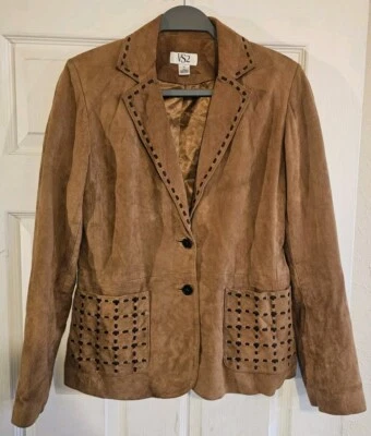 Vakko VS2 Camel Brown Goat Suede w/Leather Detail Jacket Blazer - Size 4 - Image 1 of 4
