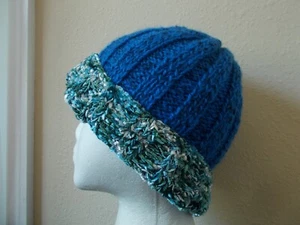 Hand knitted elegant and warm  beanie/hat, blue with multi color silky trim - Picture 1 of 6