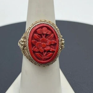 Anello ovale vintage sterling intagliato cinabro loto filigrana oro vermeil AJD 7,5 - Foto 1 di 14