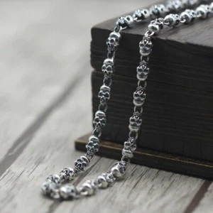 NEW Solid 925 Sterling Silver Mens Heavy Skull Beaded Chain Clasp Necklace 60cm - Picture 1 of 9