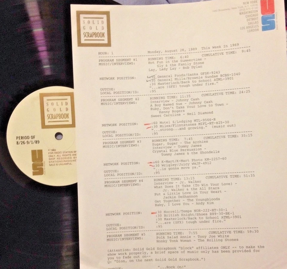 RADIO SHOW 8/28/89 THIS WEEK '69: BOB DYLAN, JOHNNY CASH, NEIL DIAMOND, ANDY KIM - Image 1 of 1