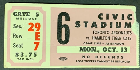 1969 CFL Football Ticket Hamilton Tiger Cats vs Toronto Argos Civic Stadium Cover