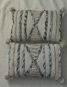 Four Hands Willow Braided Pom Pom Pillows Set Of 2 21"X 15" Woven Gray/Cream  - Picture 1 of 8