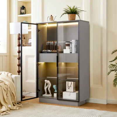 Vitrina 60.6"" Gris Vidrio Templado LED 2 Cajones Moderna Multi-Habitación Foto 1 de 4