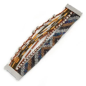 Silver/ Bronze/ Peacock/ Brown Glass Bead, Silk Cord Handmade Magnetic Bracelet - Picture 1 of 6