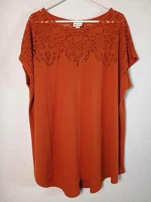 Túnica Ava & Viv feminina plus size 4X laranja ferrugem manga curta renda jugo - Imagem 1 de 4