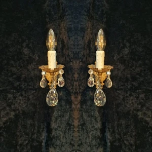 Beautiful Pair of Vintage French Leaf Brass Crystal 1 Arm Wall Lights Sconces - Picture 1 of 7