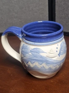 1999 All Fired Up Pottery Blue And White Ocean Sealife Scene Signed Mug - Picture 1 of 7