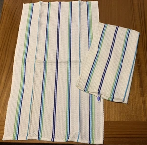 NUEVO SIN ETIQUETAS 2 toallas de cocina Magla rayas azules/verdes sobre algodón blanco 24" x 15" - Imagen 1 de 2