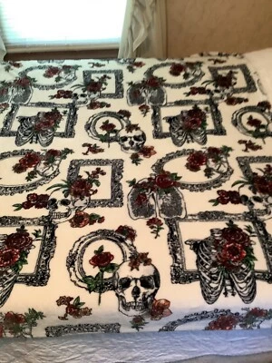 Plush Fleece Throw Blanket 50 X 66  Framed Roses Hearts Skulls Rib Cages Goth - Image 1 of 4