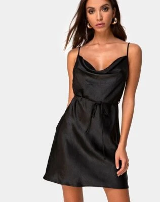 MOTEL ROCKS Paiva Dress in Satin Black