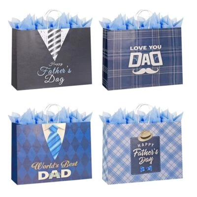 4 Piezas Bolsas de Regalo Día del Padre 12.8" con Papel de Pañuelo,Bolsa Grande Día del Padre con... Foto 1 de 4