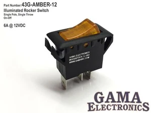 Amber Illuminated Single Pole Off-On Rocker Switch 6A @12VDC - 43G-AMBER-12 - Picture 1 of 3