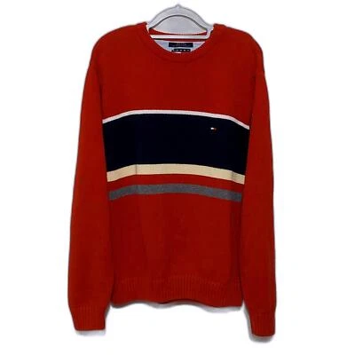 ВИНТАЖНЫЙ 90-х TOMMY HILFIGER красный коренастый вязаный хлопок пуловер свитер мужской XL - Изображение 1 из 4