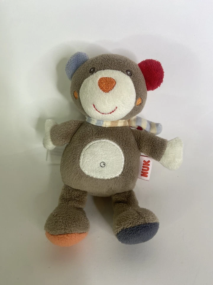 Oso Nuk Peluche Marrón Crema Rojo Azul Orejas Bufanda Sonajero Peluche Bebé Juguete Foto 1 de 4